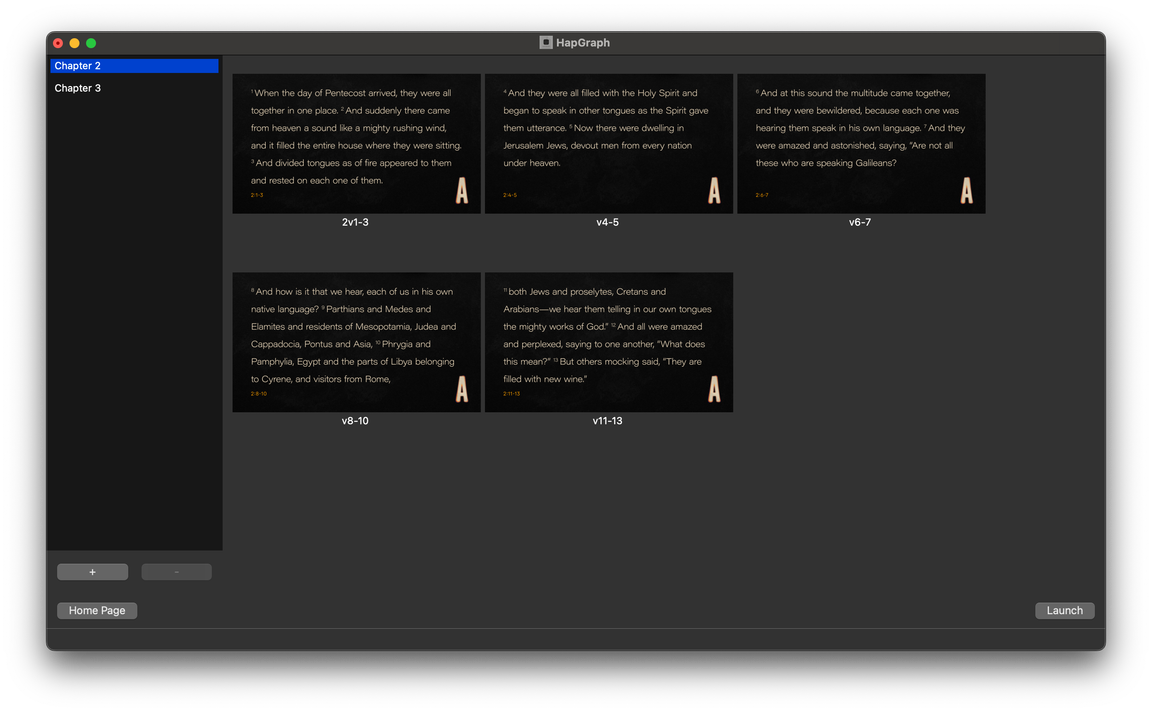 HapGraph editor with Acts 2 split into verse pages, ready to launch
